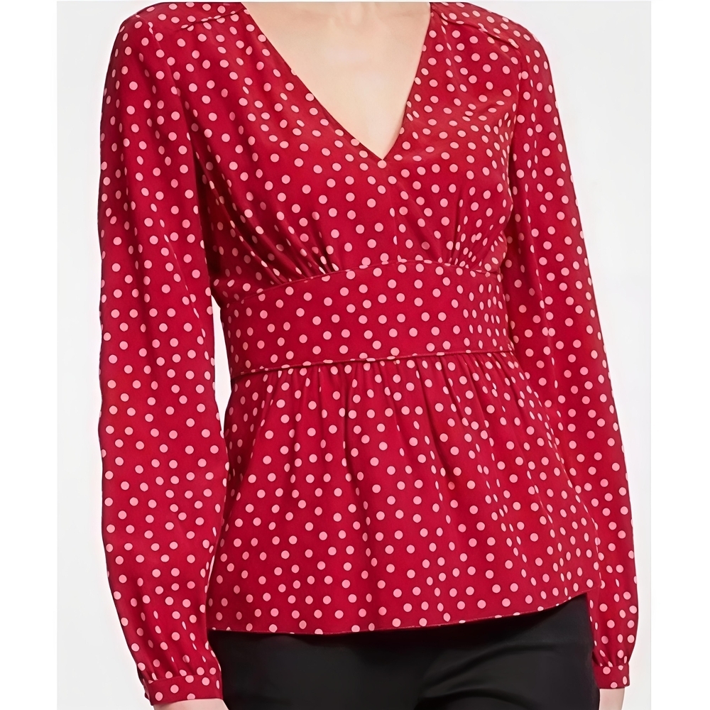 Boden Women’s Elsie Shirt Red Polka Dot Long Sleeves V Neck Tan Blouse Top, 10R
